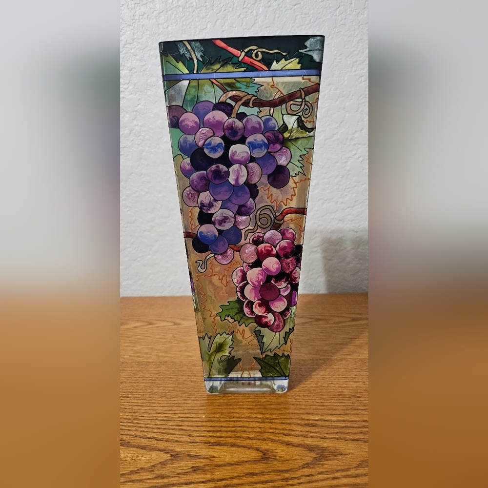 AMIA Studios • Hand Paint Glass Vase Grape Vines 10” - Picture 2 of 9